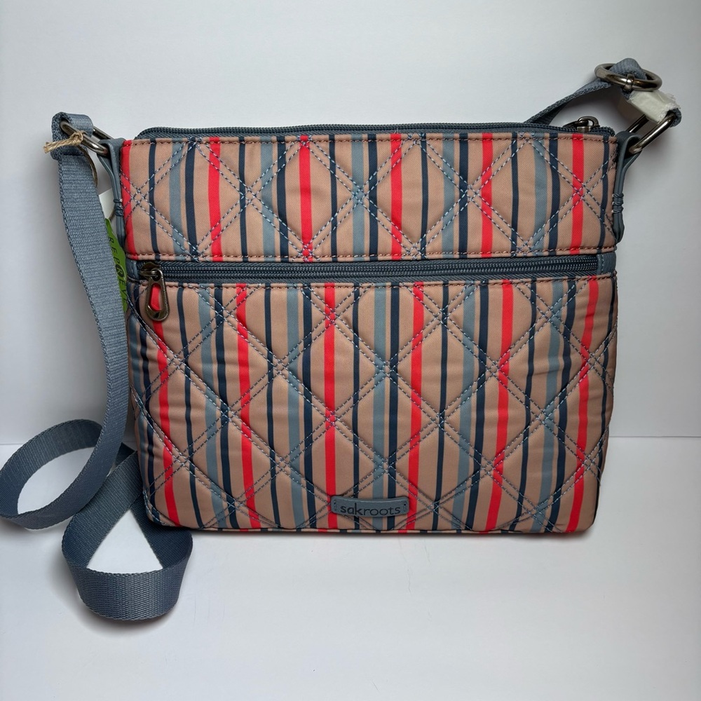 NEW SAKROOTS Artist Circle Zen Crossbody Bag Purse Vintage Stripe Triple Zip Owl - Picture 4 of 8